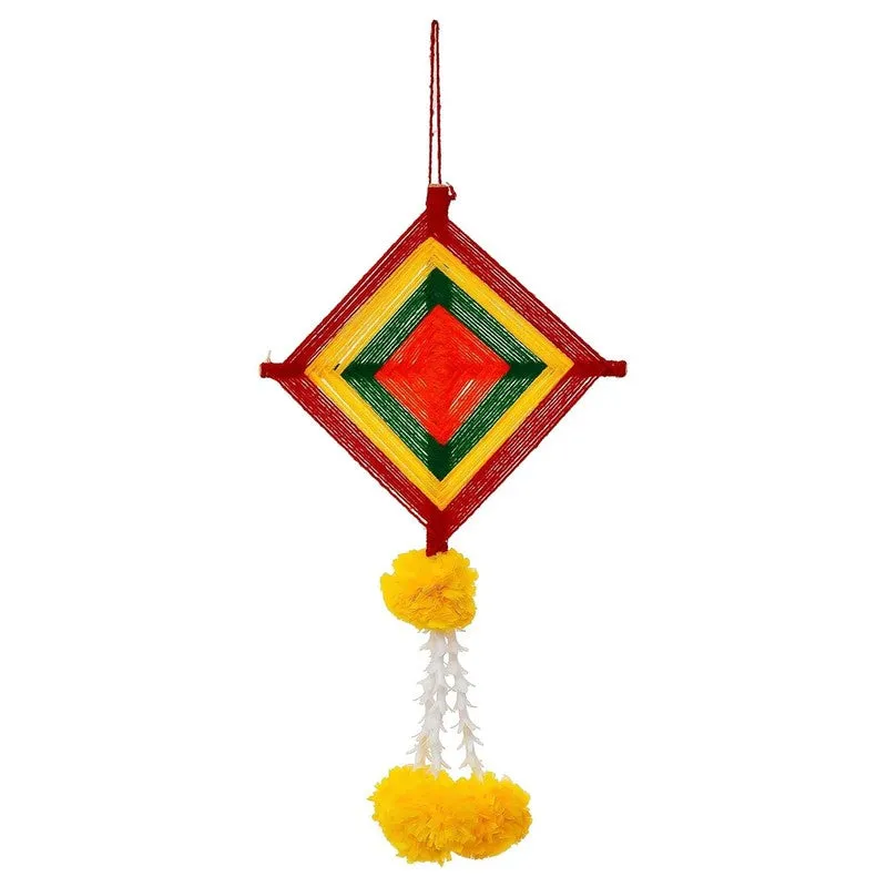 Single multicolour diamond-shaped latkan with yellow pom-pom tassels