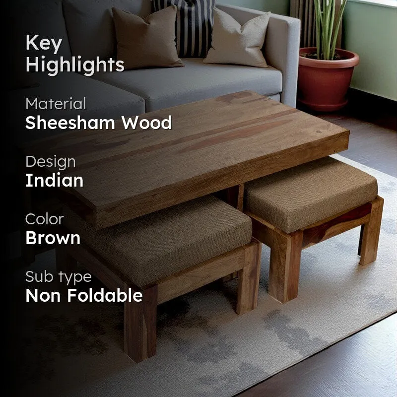 Drexon Sheesham Wooden Center Table with Stools (Brown,Beige) - Five Piece Set media 2