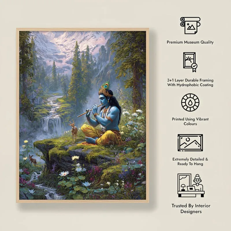 Vrindavan Bihari Lord Krishna Playing Fluit I Archival Paper Wall Art - Natural Brown Frame media 8