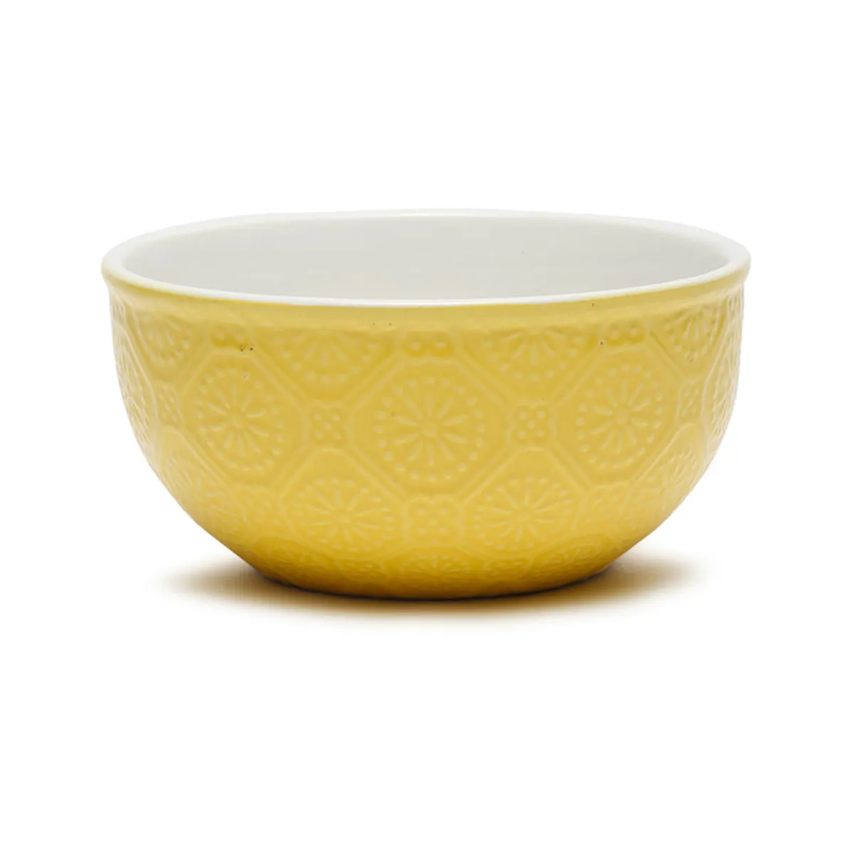 Single yellow ceramic bowl with an embossed geometric pattern.