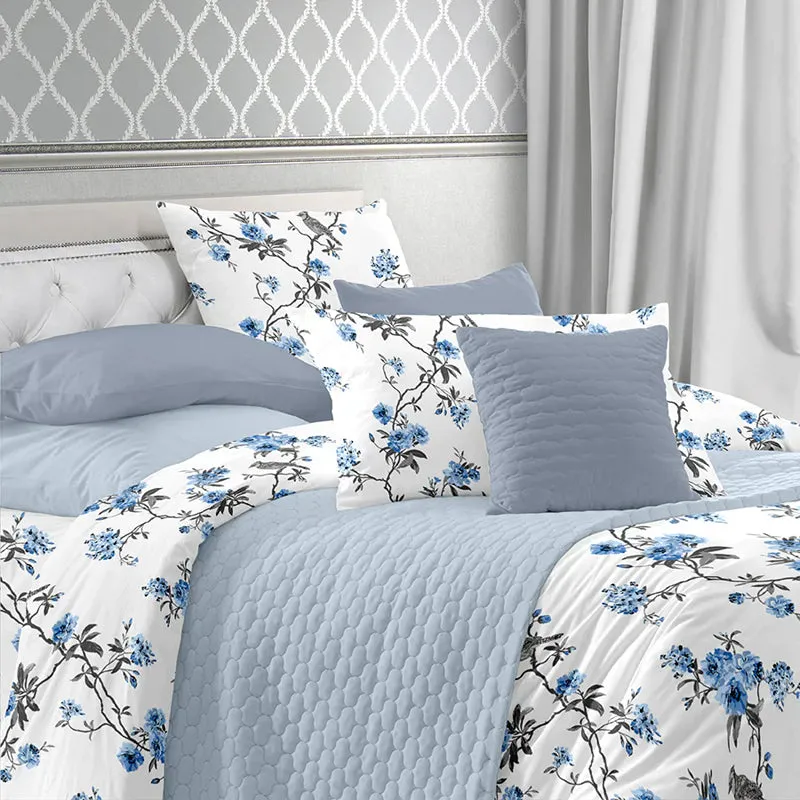Cherry Blossom Printed Cotton Duvet Cover - White, Blue media 7
