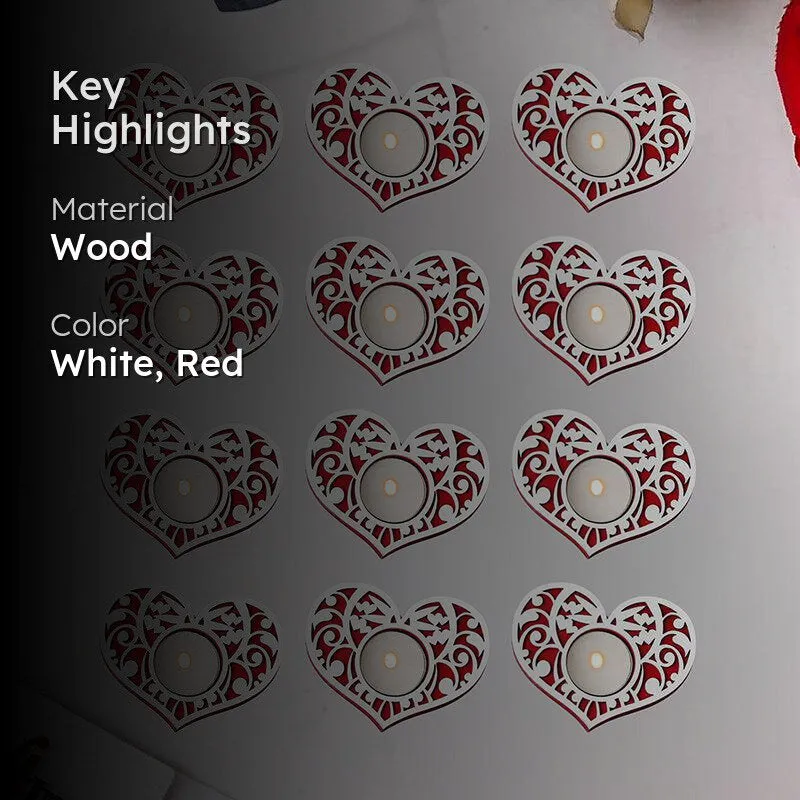 Intricate Heart Wood Tea Light Holder (Red) - Set Of Twelve media 2