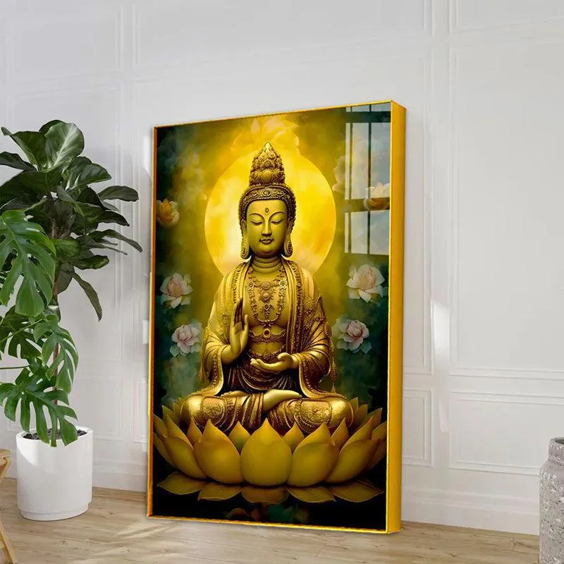 Kamalasana Buddha Spiritual Canvas Wall Art With Frame - Gold media 5