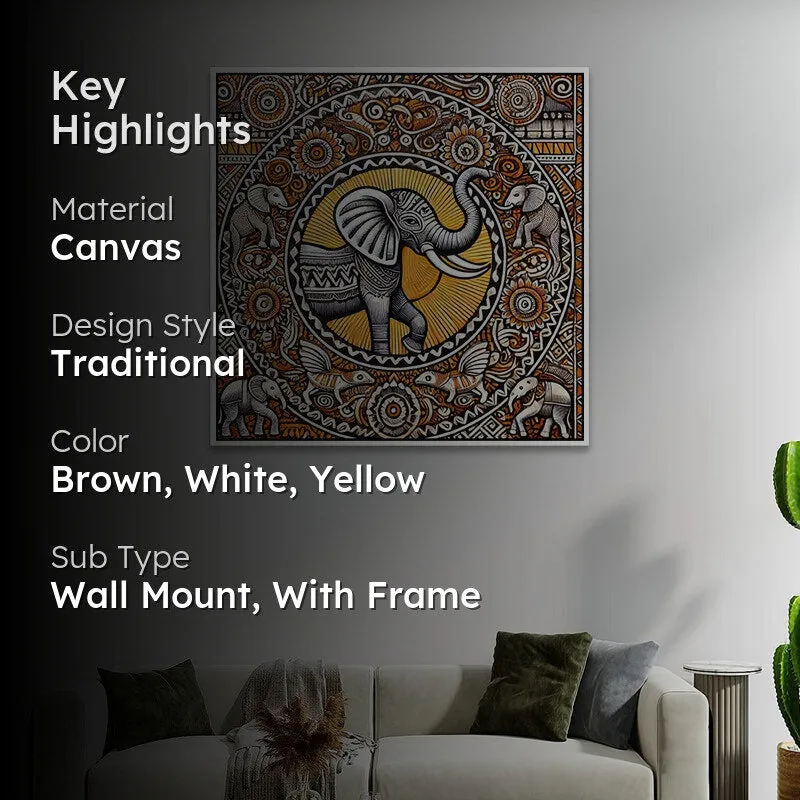 Madhubhani Haathi Canvas Wall Art With Frame media 2