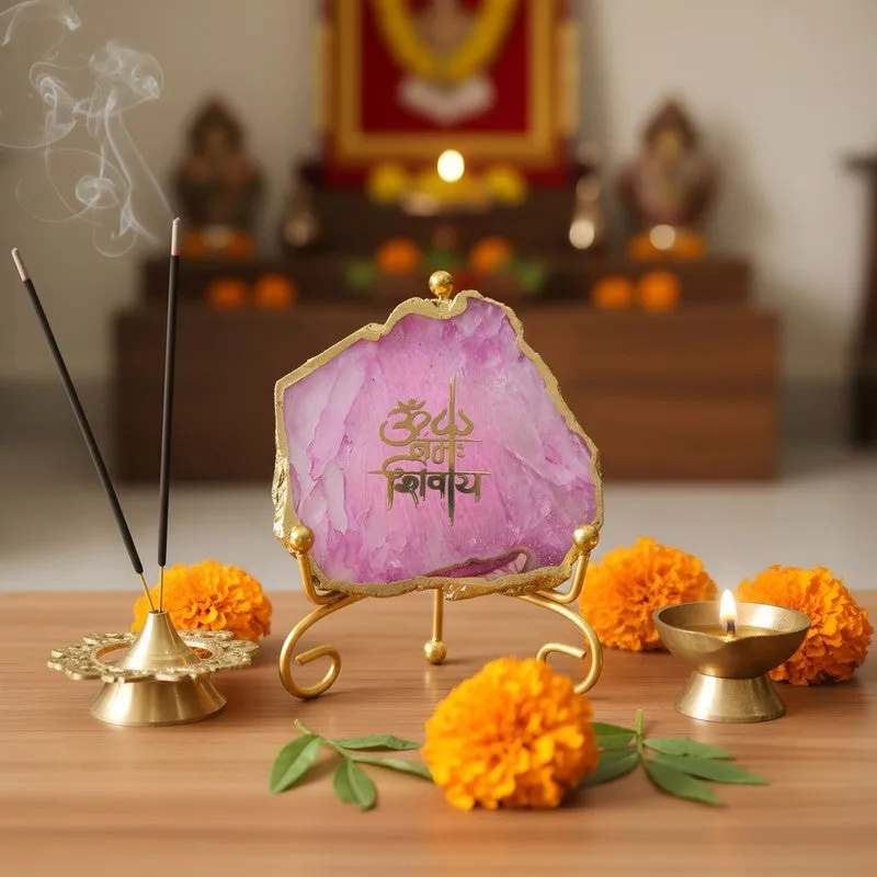 Om Namah Shivay Agate Showpiece With Stand - Pink media 1