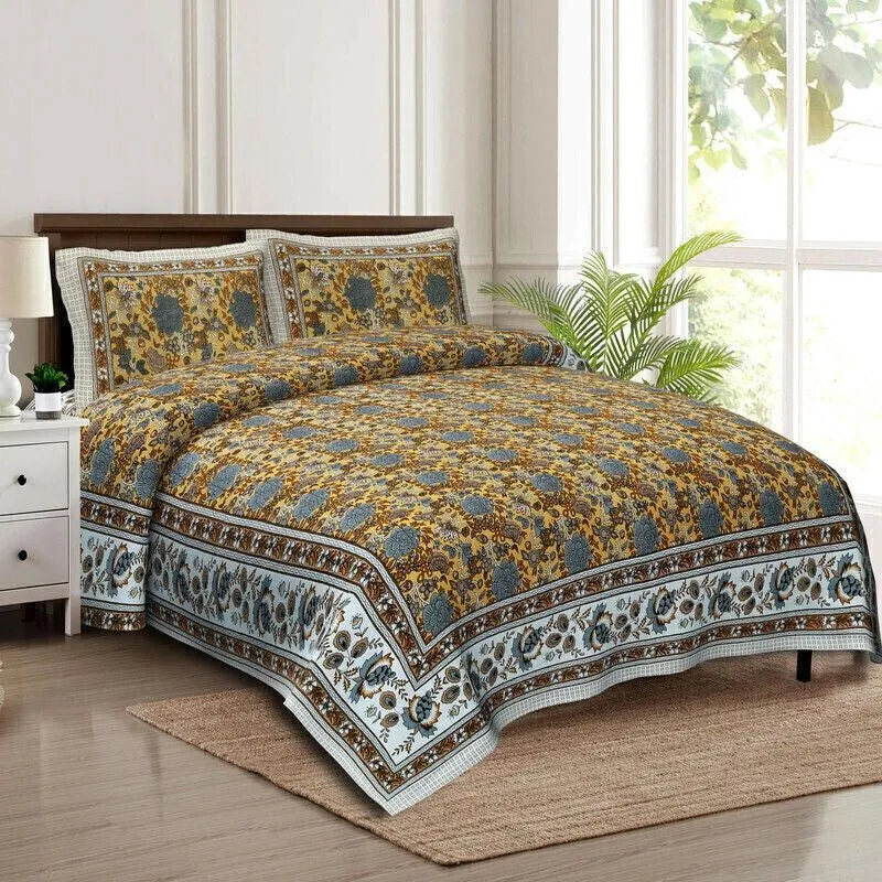 Florael Cotton Bedsheet (Yellow,Grey) - 240 TC media 3