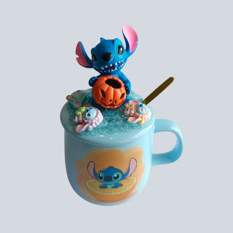 Front view of blue Stitch mug with citrus motif and decorative lid