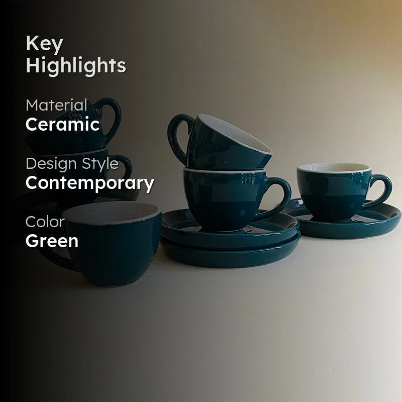 Blush & Brew Ceramic Cup & Saucer (Deep Green/100 mL) - Twelve Piece Set media 2