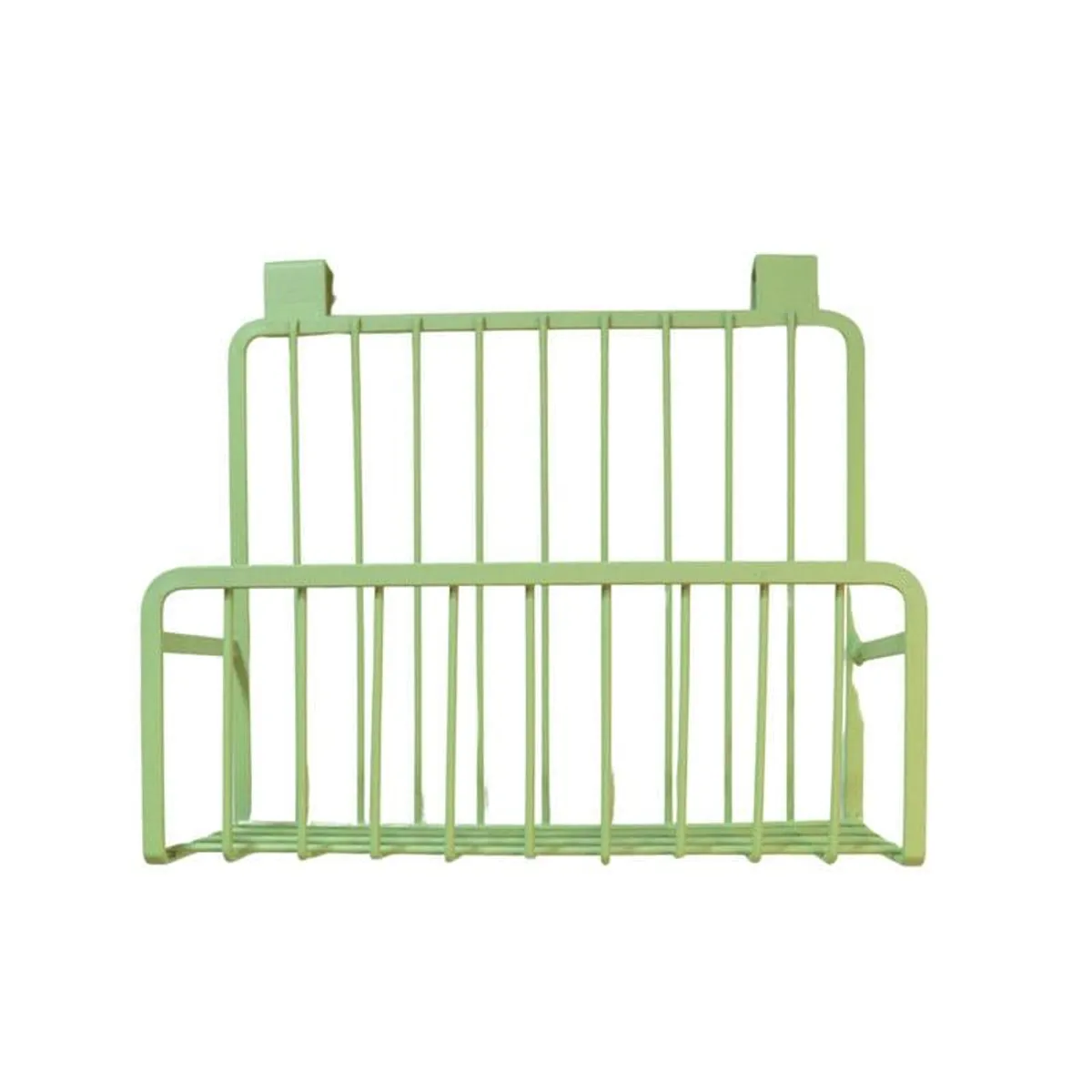 Green metal rack shelf shown against a plain white background
