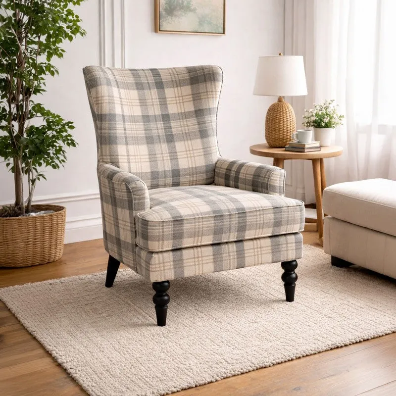 Heritage Check Teak Wood & Velvet Upholstered Lounge Chair media 1