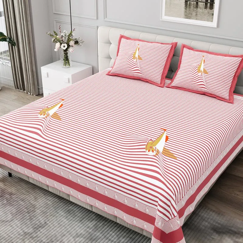 Illusion Stripey Sails Cotton Bedsheet (Red) - 200 TC media 1
