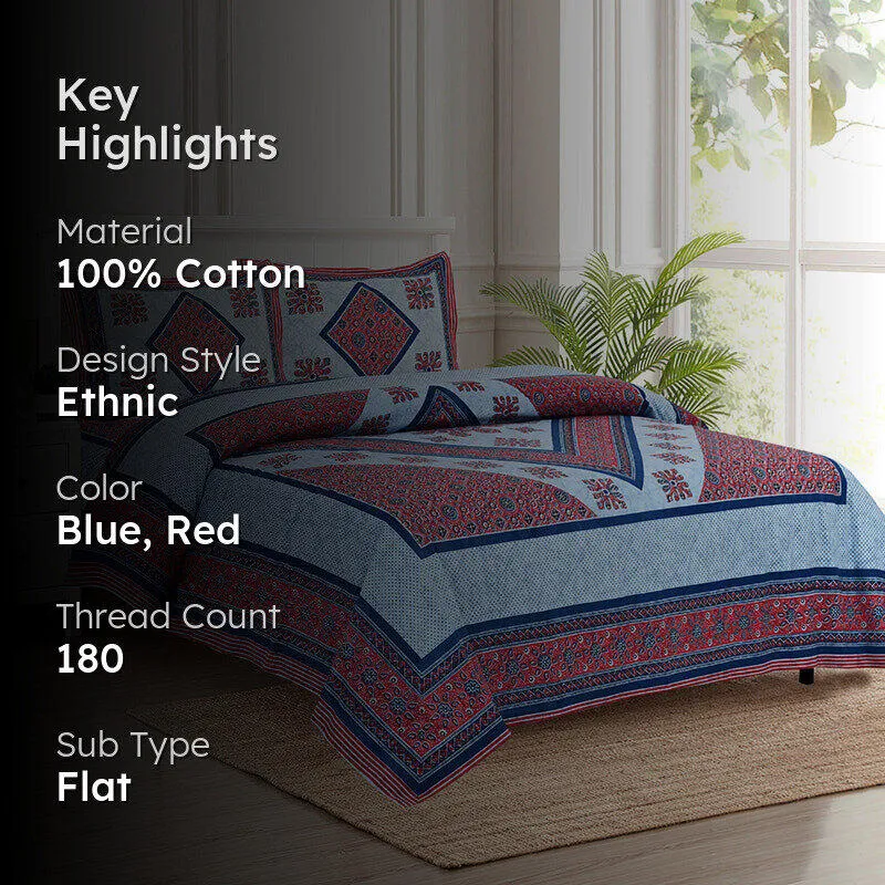 Akanksha Ethnic Cotton Bedsheet (Red,Blue) - 180 TC media 2
