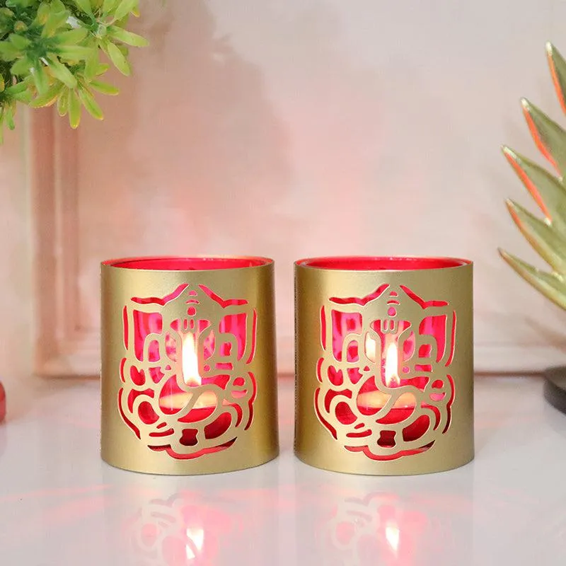Ganesha Chaitanya Tealight Candle Holder (Gold & Red) - Set Of Two media 1