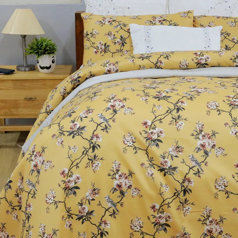 Cherry Blossom Printed Cotton Bedsheet (Mustard Yellow) - 300 TC media 5