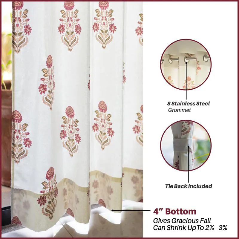 Maroon floral liberty curtain set of two eyelet header detail
