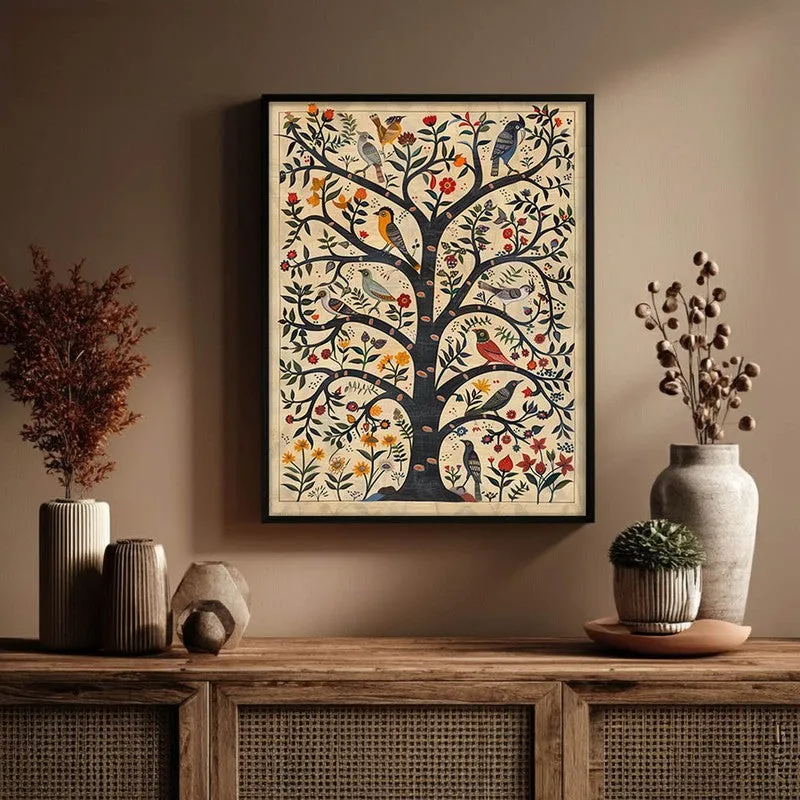 Bloomspire Tree of Life Folk Art Canvas Wall Painting With Black Frame media 4