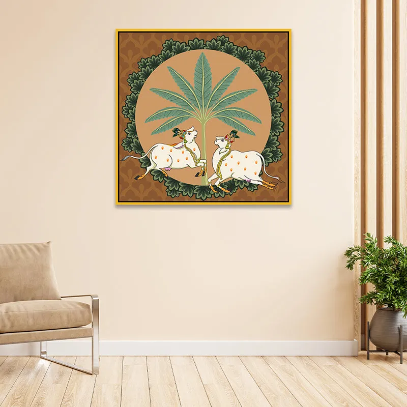 Cows In Tropics Canvas Wall Painting With Frame - Gold media 4