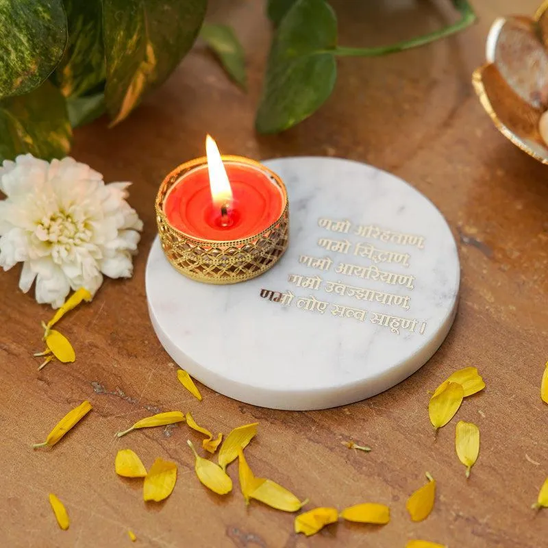 Namokar Mantra White Marble Religious Accent With Tea Light Holder media 3