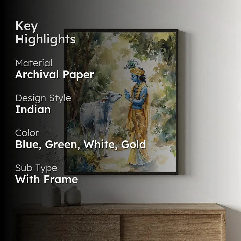 Krishna Spiritual Archival Paper Wall Painting With Frame - Black media 2