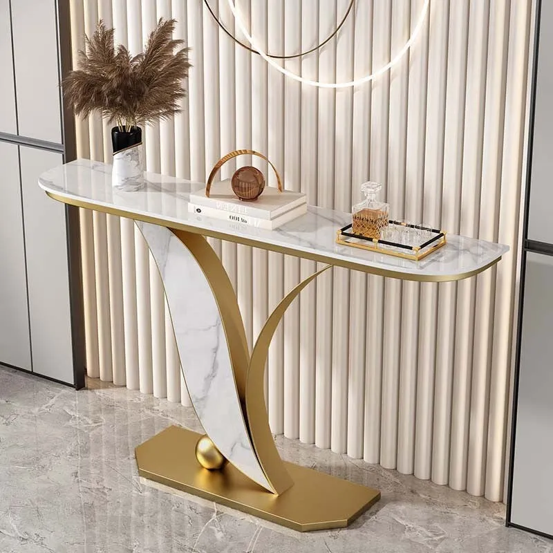 Sleek Curved Metal Console Table with Marble Top - Medium media 1