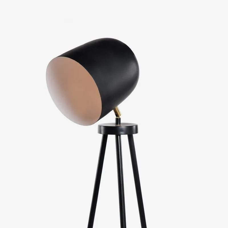 Close-up of black floor lamp shade on tripod stand