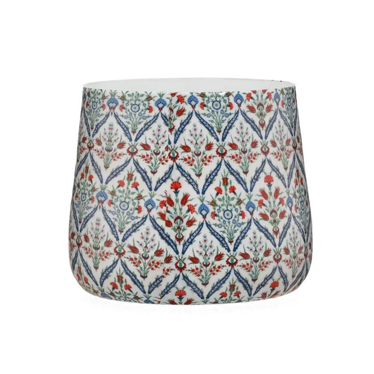 Front view of the cylindrical floral patterned planter on a white background