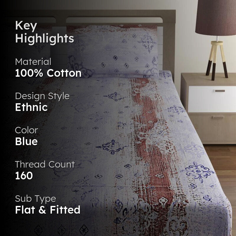 Swayam Vismit Ethnic Cotton Bedsheet (Blue) - 160 TC media 2