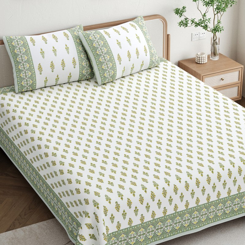 OvoFloro Handblock Printed Cotton Bedsheet (Green) - 400 TC media 3