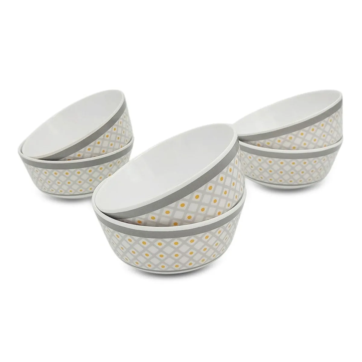 Four grey and white geometric snack bowls arranged in pairs