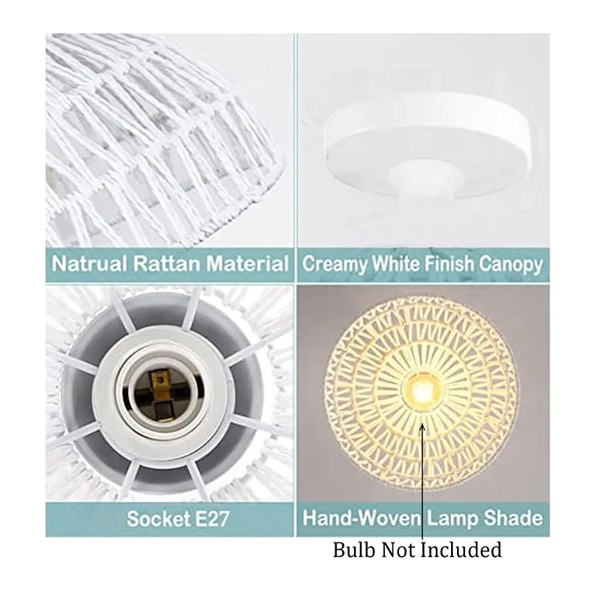 Product detail collage of the white ceiling lamp shade, canopy and socket graphic