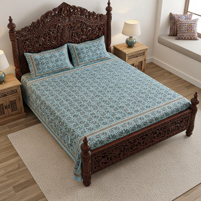 Sadhana Cotton Bedsheet (Blue, Grey) - 180 TC