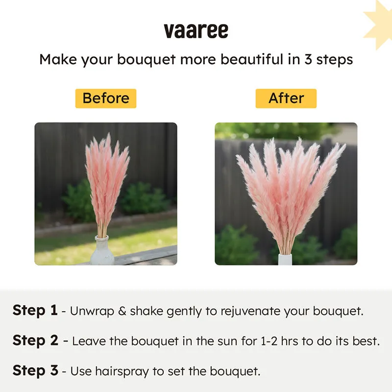 Instructional graphic showing a pink dried flower bouquet before and after arranging.