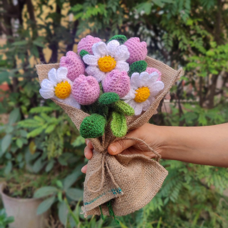 Crochet Handmade Tulip Bouquet (Purple,White) - Set Of Nine