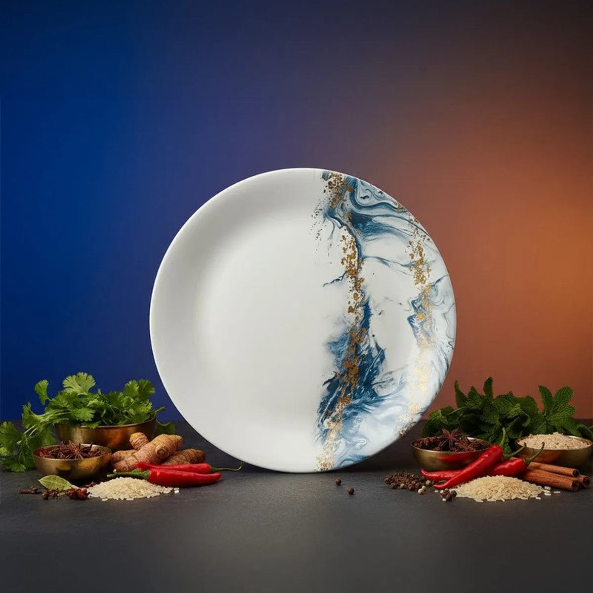 White round dinner plate with blue and gold marbled detailing displayed against a dark backdrop