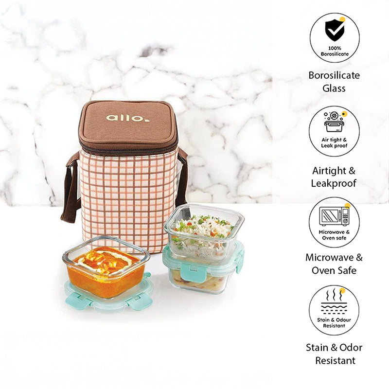 Jonas Lunchbox With Square Checks Bag (310 ML) - Set Of Three