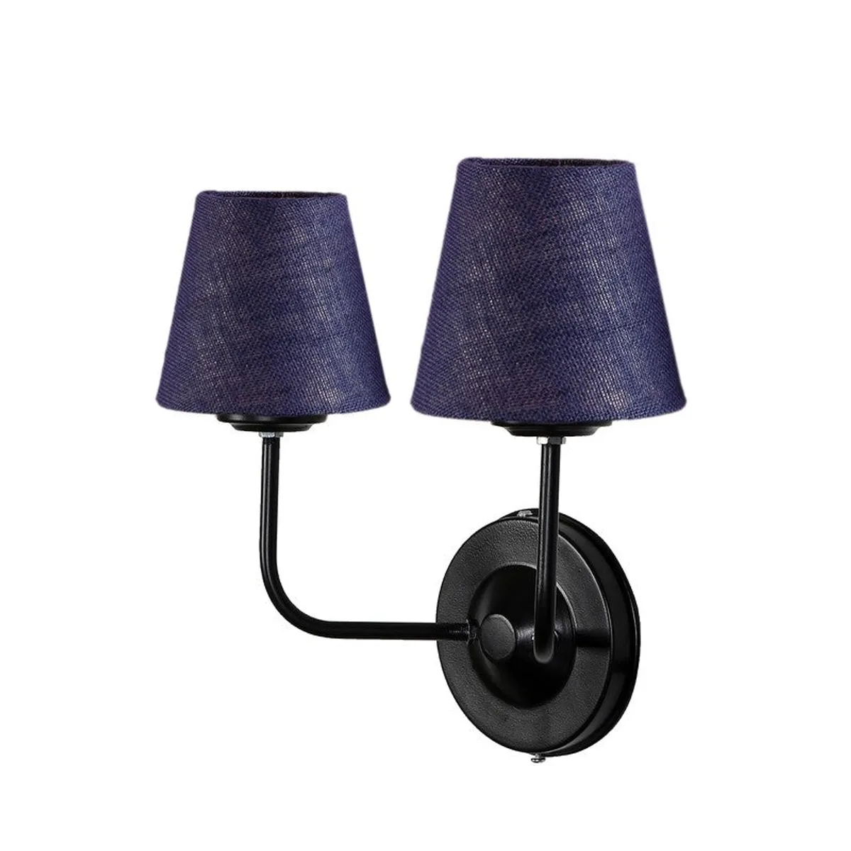 Angled view of blue jute twin wall lamp with black wall mount