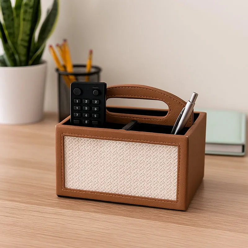 Savan Faux Leather Desk Organiser - Brown media 1