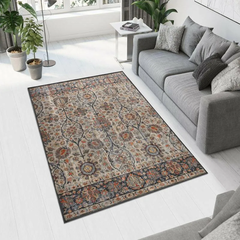 Multicolour rectangular carpet with intricate Kashmiri-style motif in a living room
