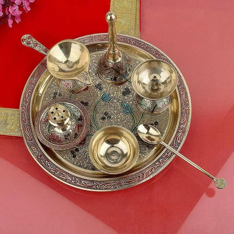 Decorative Brass Puja Thali With Velvet Box media 3
