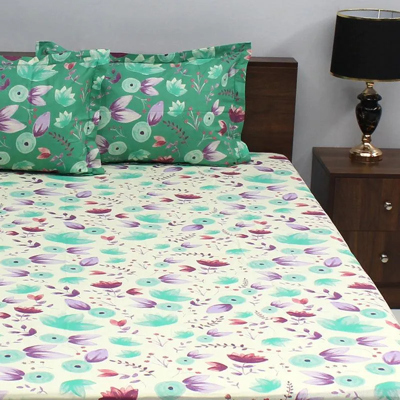Vidhi Floral Cotton Bedsheet (Green) - 110 TC media 1