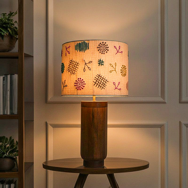 Orange Tree Gesu Mango Wood Table Lamp wit Cotton Embroidery Sade - Multicolor