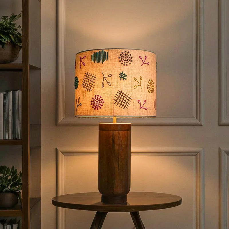 Orange Tree Gesu Mango Wood Table Lamp wit Cotton Embroidery Sade - Multicolor media 1