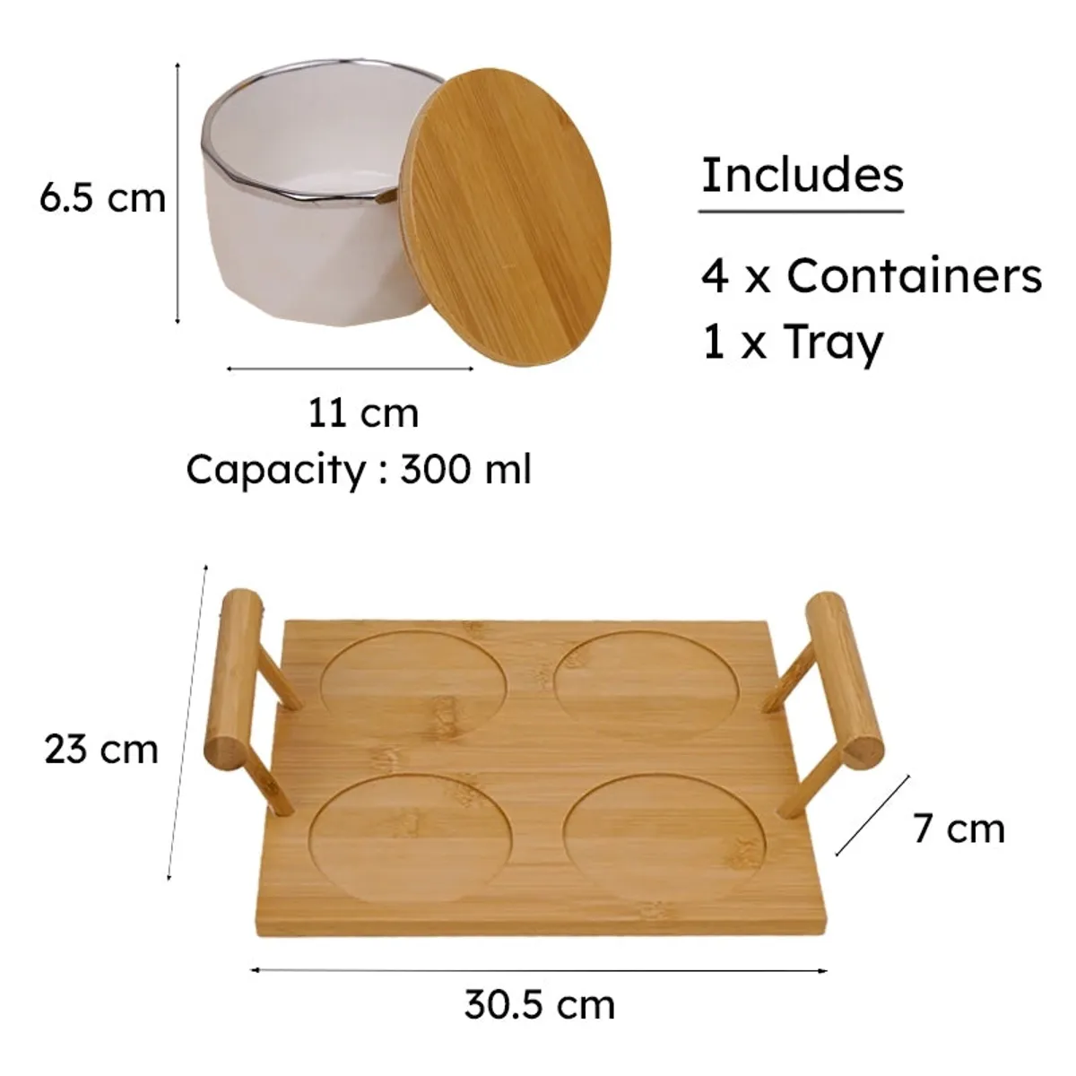 White porcelain jar and bamboo tray shown with visible product dimensions