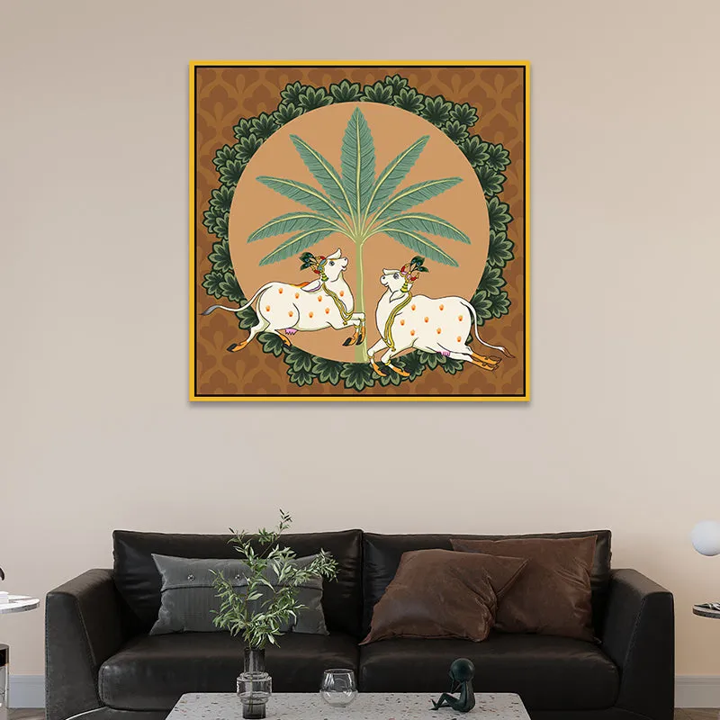 Cows In Tropics Canvas Wall Painting With Frame - Gold media 1
