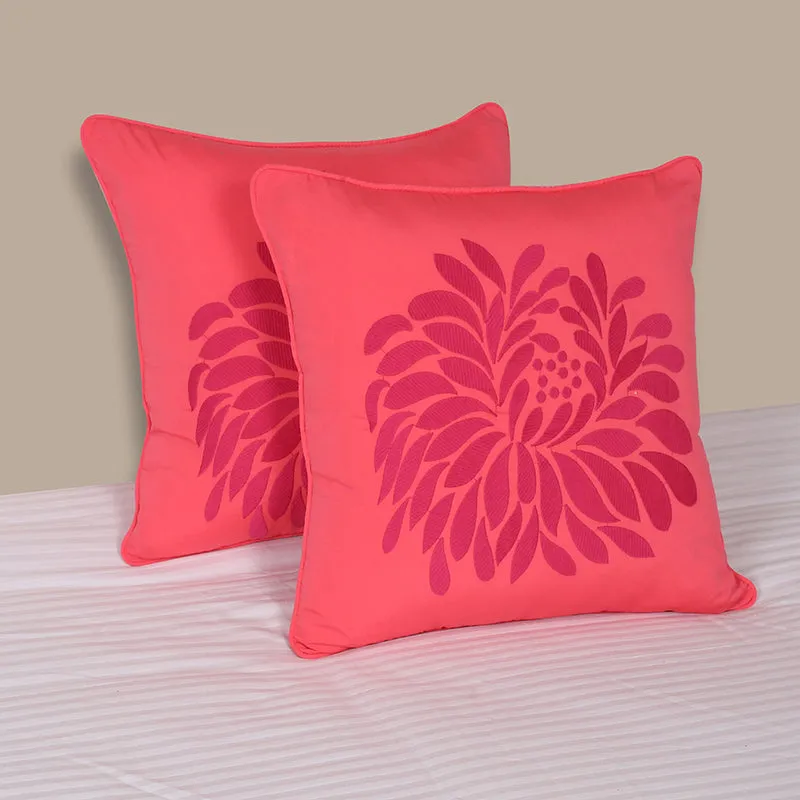Mayflower Blooms Embroidered Cushion Cover (Coral) - Set Of Two media 1