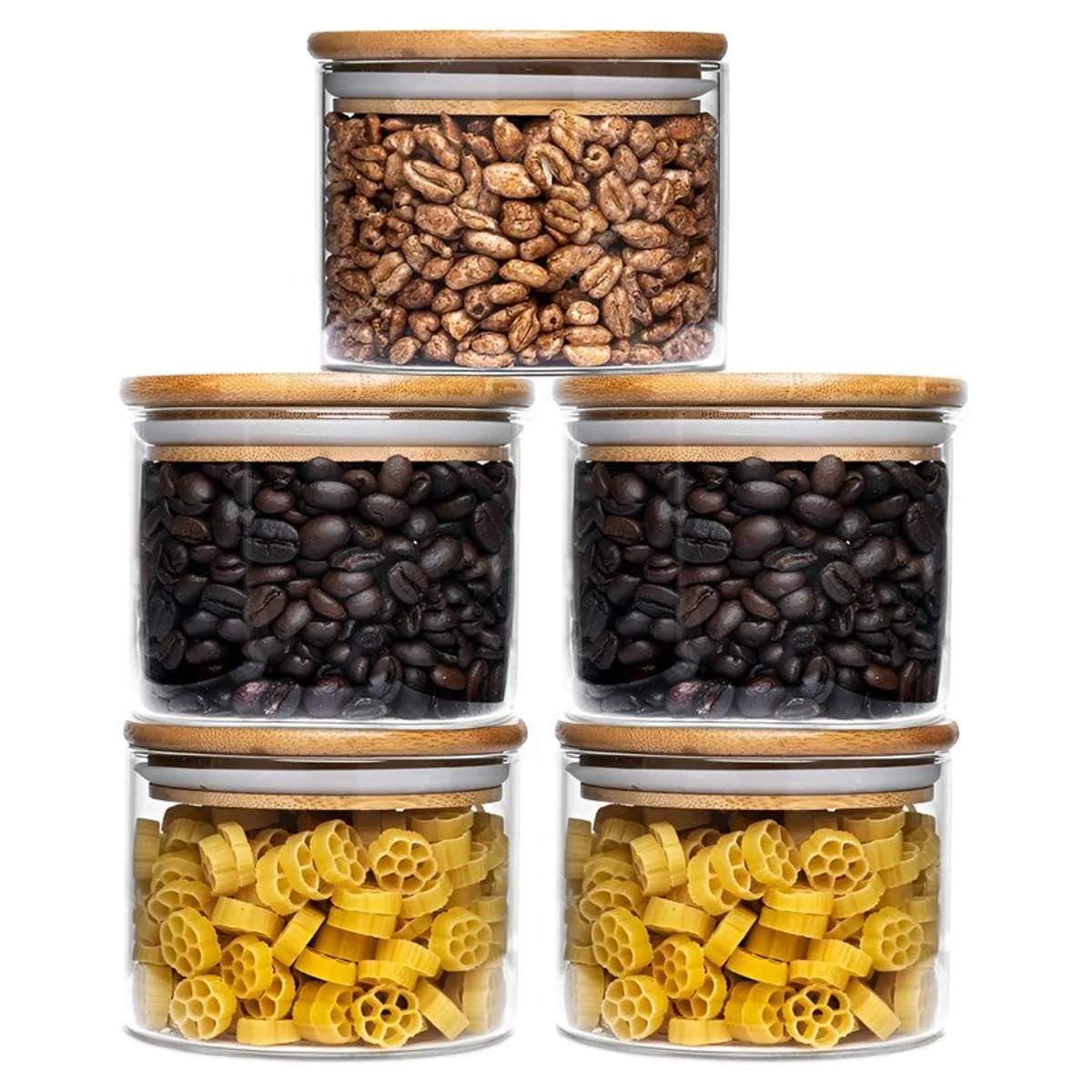 Five transparent glass jars with bamboo lids shown stacked with dry foods inside.