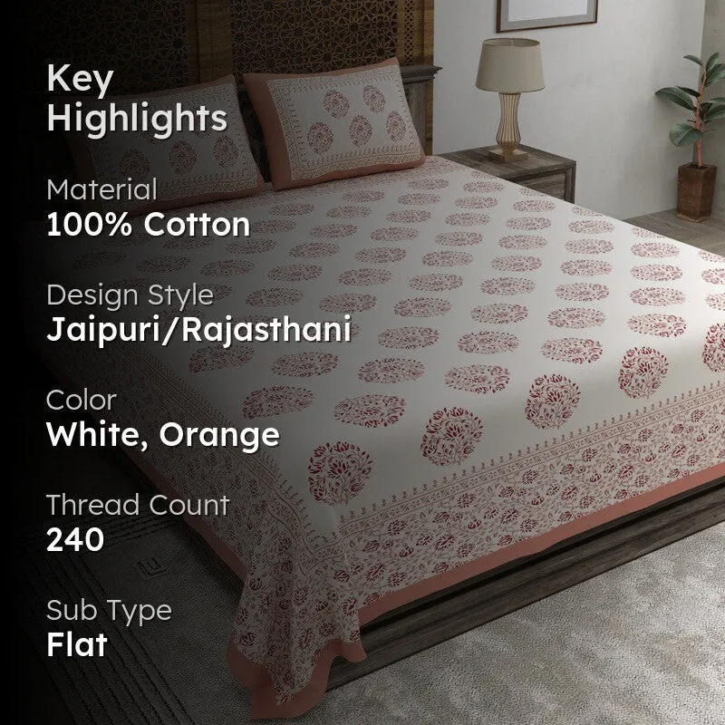 Blossoma Cotton Bedsheet (White,Orange) - 240 TC media 2