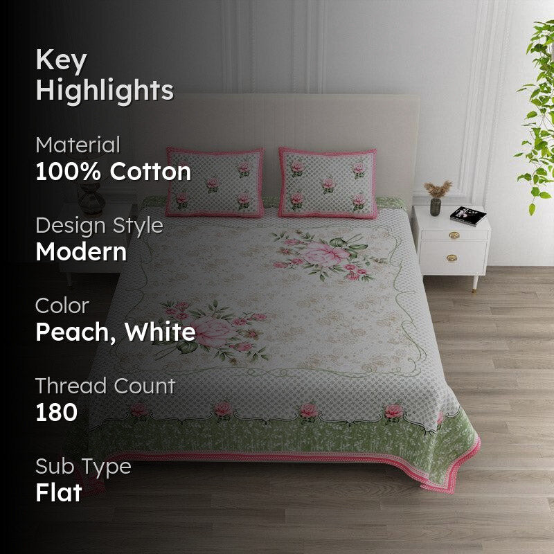 Jasper Floral Cotton Bedsheet (Peach) - 180 TC media 2