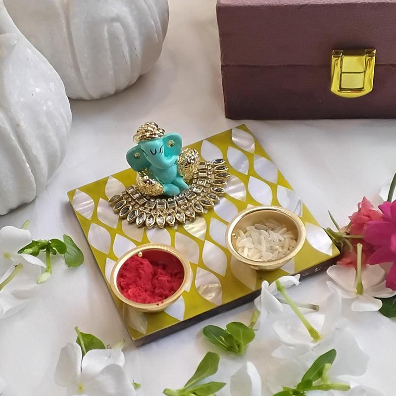Ganpathi Festive Mother Of Pearl Pooja Thali Gift Box - Yellow media 4
