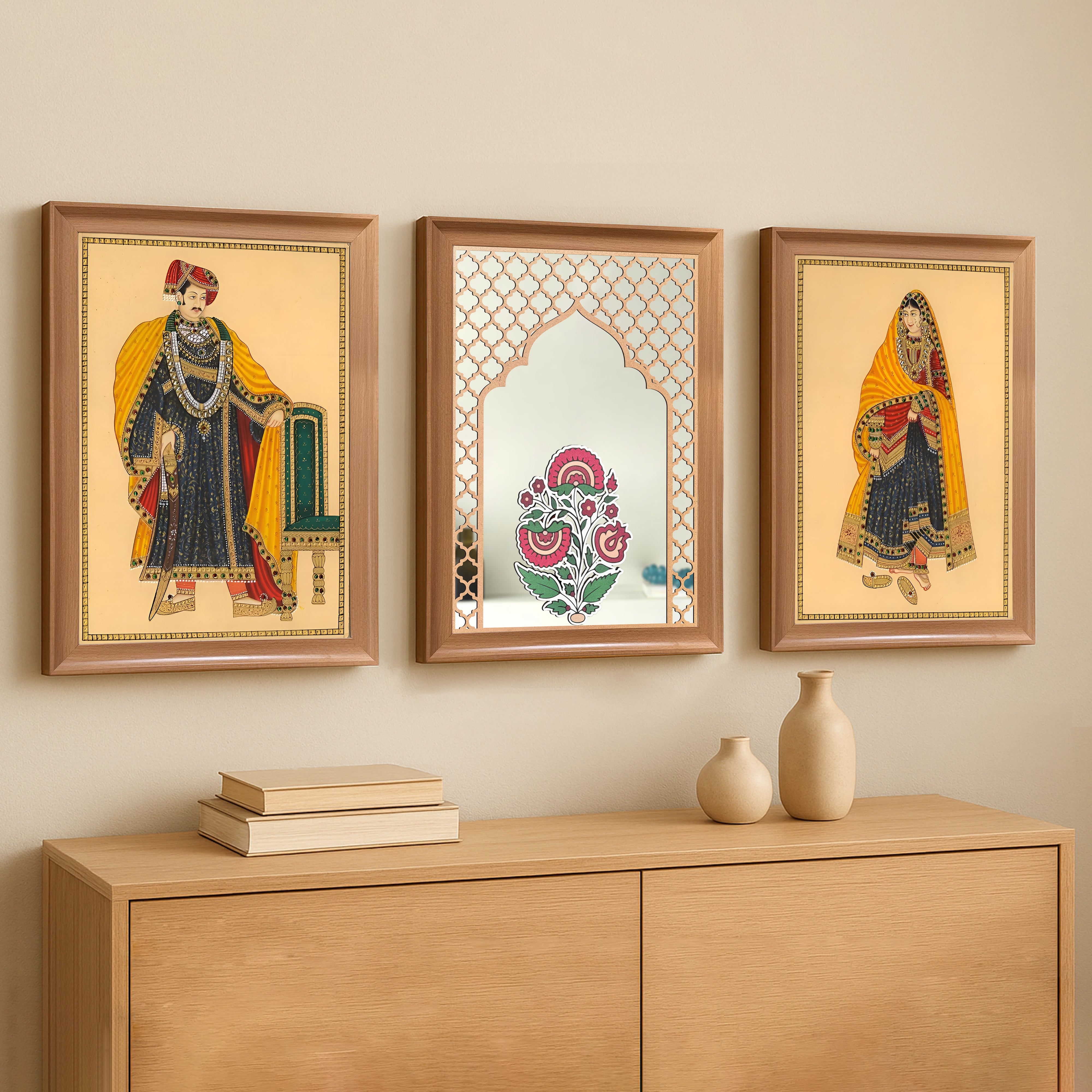 Pastel Mughal Garden Mirror Wall Painting - Set Of Three